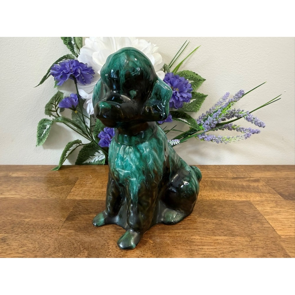 Vintage Blue Mountain Pottery Poodle Canadian Art Green Drip‎ Glaze Dog Figurine